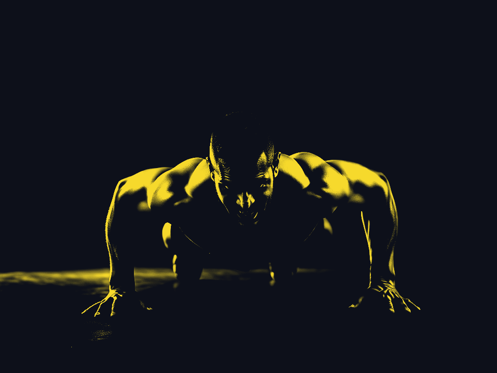 An athlete mid bodyweight push-up rendered in gold and graphite
