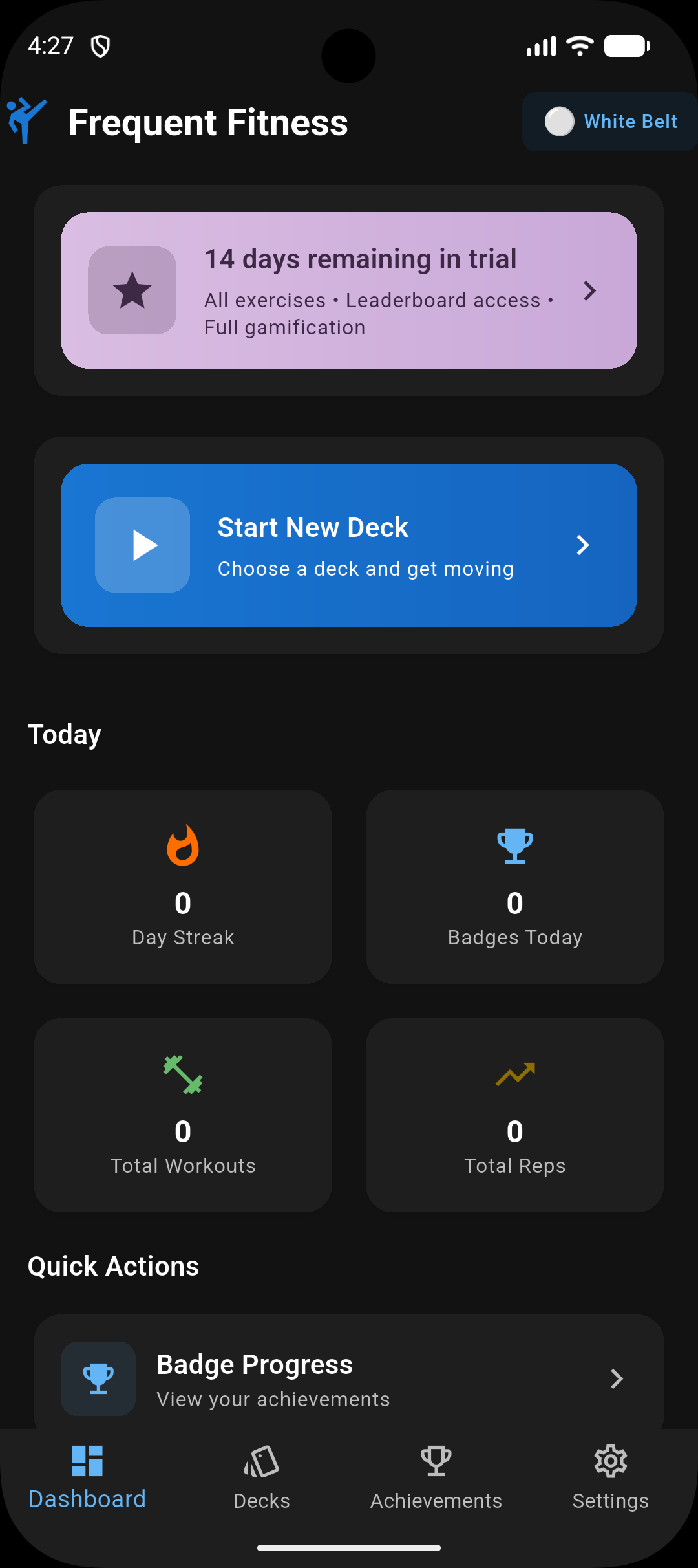 Frequent Fitness home screen, dark theme