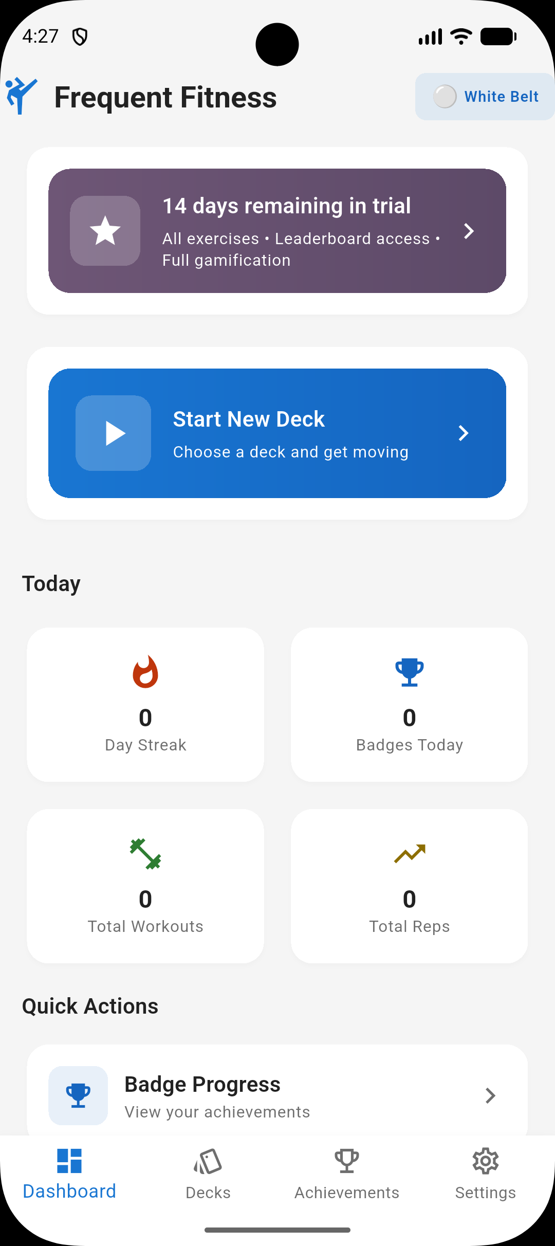 Frequent Fitness home screen, light theme