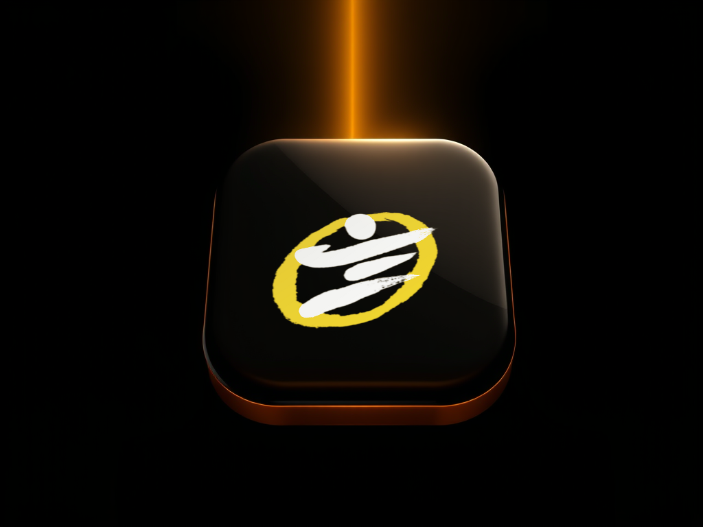 The ONEKICK app icon glowing gold on a dark glass tile with a beam of light rising from its top